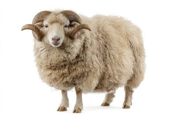 Magnificent ram with large horns, fluffy fleece, and a calm expression. Studio shot against a white background.
