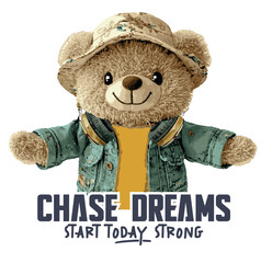 Cute teddy bear illustration wearing headphones.Cute bear graphic design for textile industry and t shirt graphics.College themed, cute animal graphic print for textiles. Teddy bear graphic.