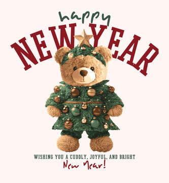 Christmas themed cute teddy bear vector illustration.Christmas Greeting Card with Santa Claus.Happy new year lettering.T-shirt Graphics.New Year Cards.Cute teddy bear graphic design wit