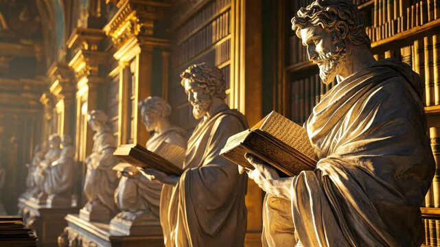 Sunlit marble statues reading in luxurious library setting