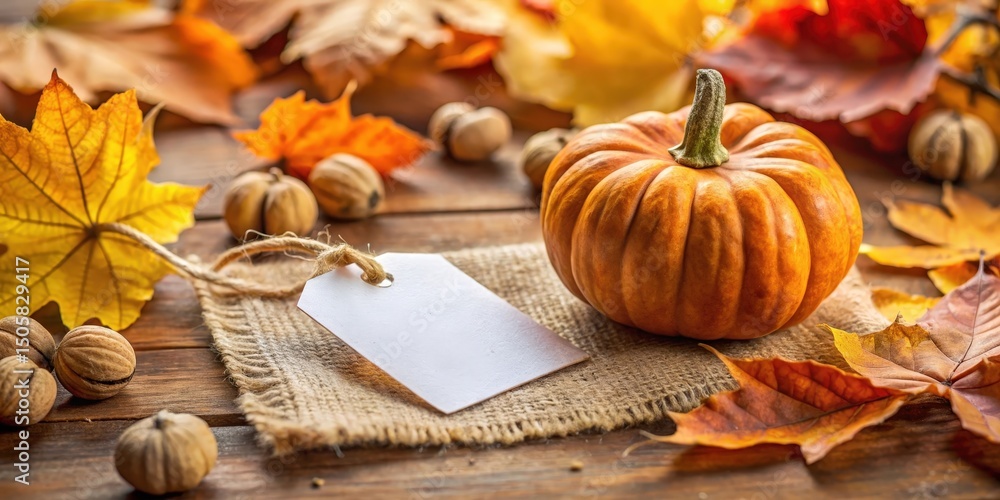 Poster a single pumpkin with a blank tag surrounded by autumn leaves on a rustic wooden table