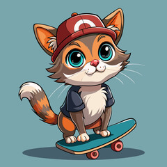 Adorable Cartoon Cat Skateboarding Wearing a Cap
