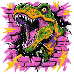 Vibrant street art of a multicolored T-Rex dinosaur breaking through a cracked wall, combining comic style and urban graffiti. Generative by AI
