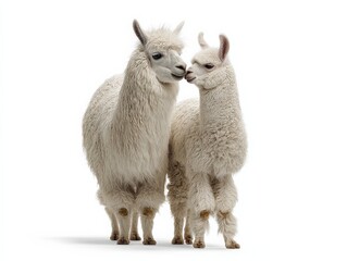 Obraz premium Two fluffy white alpacas nuzzle noses, a sweet moment of animal affection.