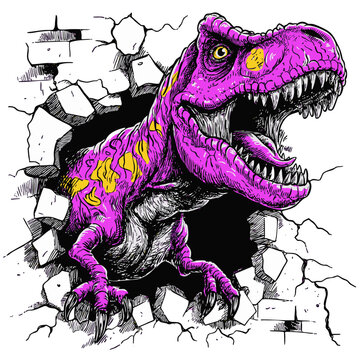 Vibrant street art of a multicolored T-Rex dinosaur breaking through a cracked wall, combining comic style and urban graffiti. Generative by AI
