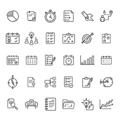 Black line drawings business planning icons