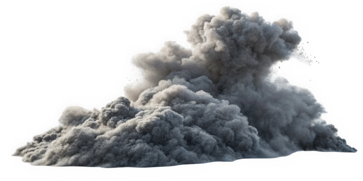 A large, dramatic cloud of dark gray smoke billowing upward, creating a powerful and intense atmosphere, evoking feelings of movement and chaos.