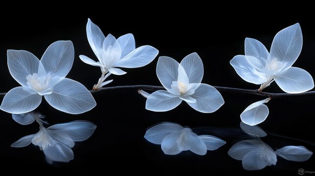 Delicate, translucent magnolia blossoms on a dark background