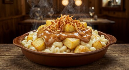 Hearty Älplermagronen dish with potatoes and creamy sauce 