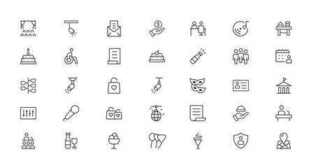 Icon set featuring theater curtains spotlight cake champagne bottle disco ball mask menu location pin and more