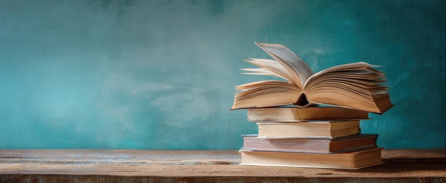 The open book on a stack of vintage books against a teal background. - Powered by Adobe