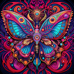 Vibrant Psychedelic Moth with Intricate Wing Design and Floral Background