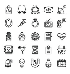 Twentyfive outlined Valentines Day icons in a grid