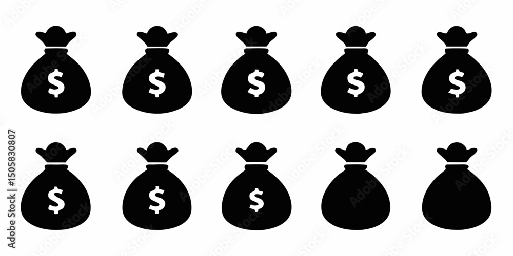 Aufkleber money bag icon design set featuring multiple styles and color variations