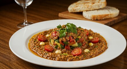 Chermoula dish with vegetables and cherry tomatoes served with bread  