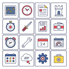 Flat Business & Communication Icons – Blue Theme with Red and Yellow Accents, Grid Layout