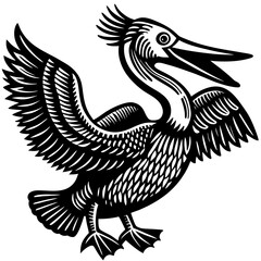 Black and White Pelican Illustration Woodcut Style Bird Graphic