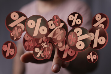 Image of percentage symbols floating, ideal for illustrating concepts related to finance,...