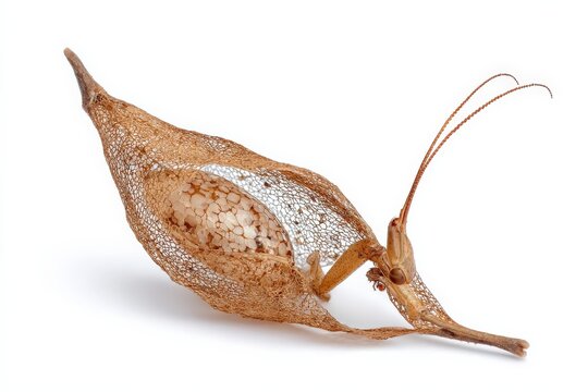 A newly hatched mantis emerges from its delicate egg case.
