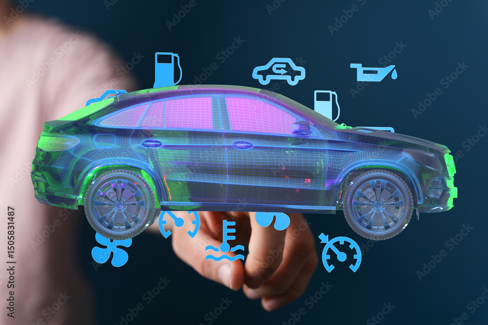 Poster Interactive 3D model showing car maintenance alerts and diagnostics.