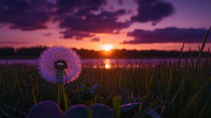 Dandelion Seeds Blowing in the Wind at Sunset with Dreamy Sky and Soft Golden Light