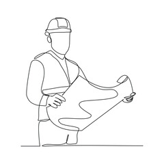 Continuous line drawing of construction worker holding blue print paper and note. One single line of architect holding design paper of building. Vector illustration sketch editable stroke