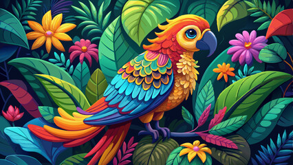 Obraz premium Vibrant Parrot in Lush Tropical Rainforest Setting