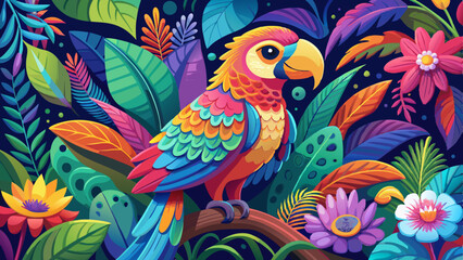 Obraz premium Vibrant Rainbow Parrot in Lush Tropical Floral Paradise