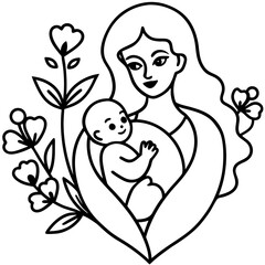 Mother and baby line art with flowers