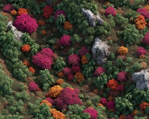 Fototapeta premium Lush hillside landscape with vibrant flowers and foliage.
