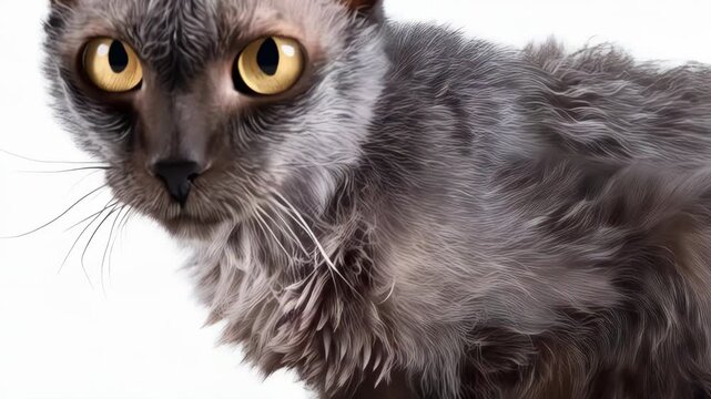 Lykoi cat with sparse grey hair, large yellow eyes, triangular ears, and a focused gaze against a bright white background