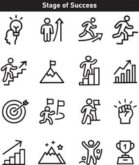 Stages of Success Icons: Business Growth, Motivation & Achievement Line Symbols