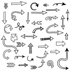 Vector art of Collection of hand-drawn arrow illustrations isolated on white background, featuring various directions, shapes, and styles for design and navigation purposes.
