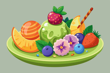 Delicious green ice cream with summer fruits