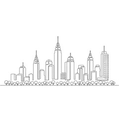 Obraz premium Vector art of Continuous line drawing of a city skyline with modern architecture, urban landscape, and a row of trees isolated on white background.