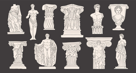 Collection of ancient Greek and Roman sculptures and architectural elements. Sketch of black outline illustration.