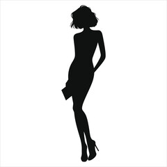 (Peep-toe heels)Vector Silhouette of a Woman in a Dress with a Clutch/Elegant silhouette of a woman, likely in a fashionable dress, holding a clutch.