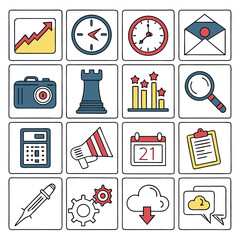 Flat Business & Communication Icons – Blue with Red & Yellow Accents, Grid Layout