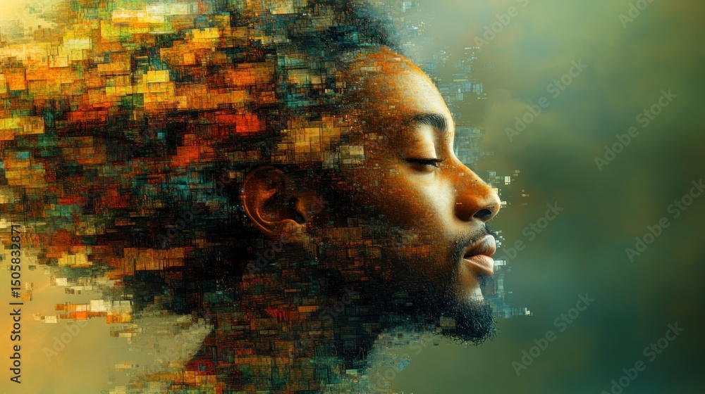 Poster man disintegrating into pixels, serene expression, abstract background