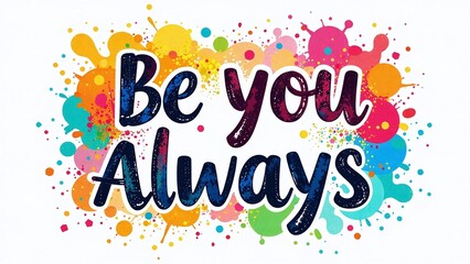 Be You Always Pride Typography, Hand-Drawn Rainbow Brush Lettering, Abstract Paint and Glitter Effects, Bold Street Art Calligraphy on White or Pastel Background