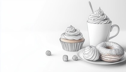 Doodle Sketch Template Featuring Cake, Donut, Cupcake, And Croissant For Pastry Shop. Hand-Drawn Sweets Design For Bakery Business.