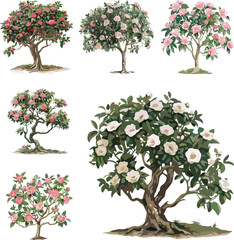 set of camellia trees isolated on white background