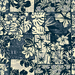 Tropical leaves and hibiscus flowers patchwork abstract grunge vector seamless pattern for fabric shirt towel tablecloth pillow rug carpet