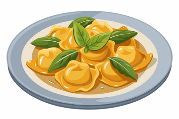 Delicious ravioli with basil on a plate