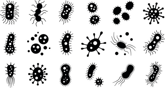 Diverse bacteria and virus silhouettes on white background