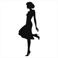 ( Peep-toe heels) Vector Silhouette of a Woman in a Dress/A sophisticated silhouette of a woman in a midi dress, poised and stylish, standing in profile against a plain white background.