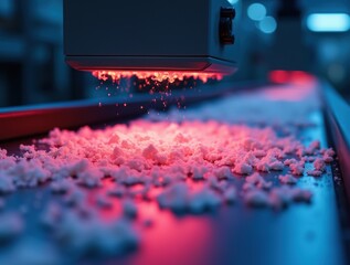NIR infrared sensor scanning polymer flakes identifying plastic types by chemical composition on conveyor belt

