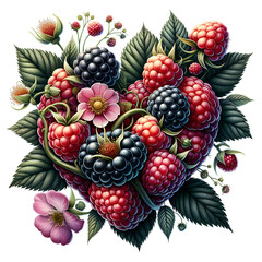 Sweet summer fruits wild berries heart isolated on white background
