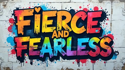 Fierce And Fearless Bold Graffiti, Vibrant Rainbow Spray Paint Textures, Drips and Splatters, Stencil Accents on Rough Brick or Concrete Wall, Edgy Urban Street Art Celebrating Pride Activism