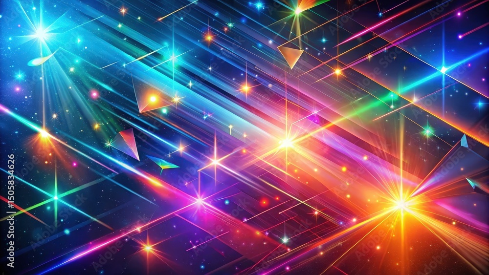 Poster a vibrant abstract composition with radiant light beams, shimmering stars, and geometric shapes form